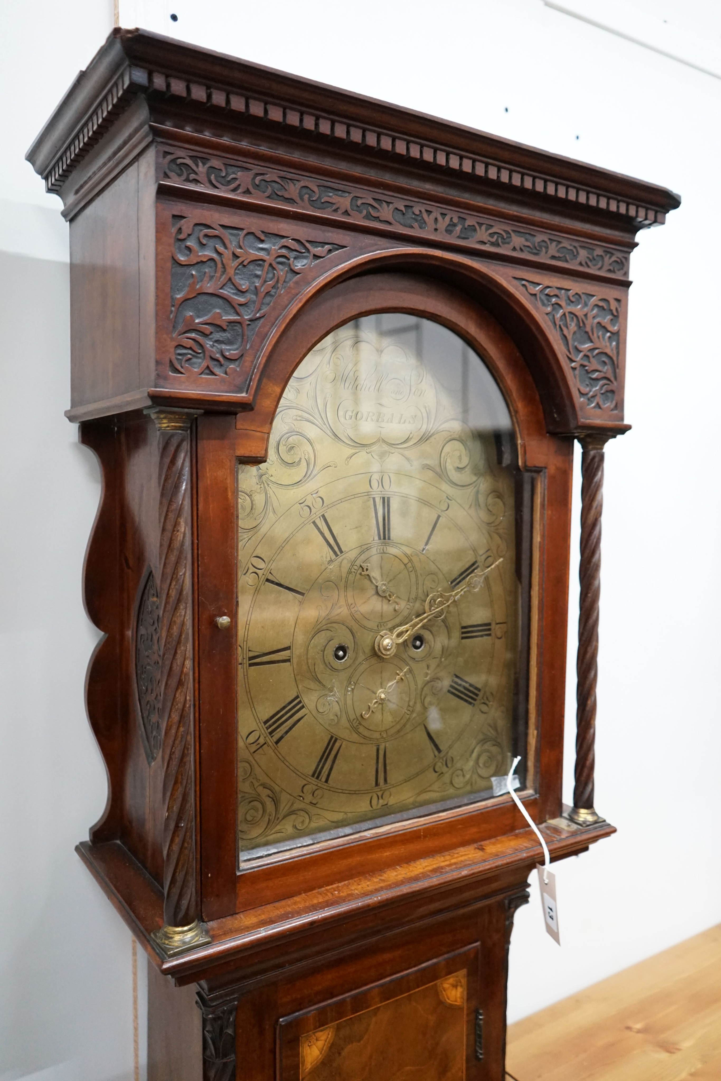 A George III inlaid mahogany 8 day longcase clock, marked Mitchell & Son, Gorbals, with key, pendulum and two weights, height 208cm